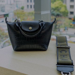 （已售）【正品二手】LONGCHAMP LE PLIAGE CUIR亮面鱷魚紋牛皮手提水餃包（迷你）