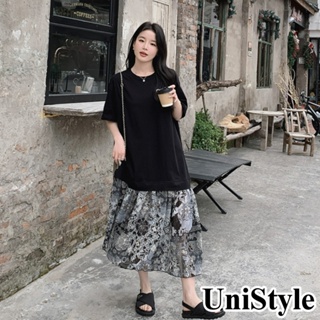 【UniStyle】假兩件短袖洋裝 韓系碎花拼接連身裙 女 ZM093-2415(黑)
