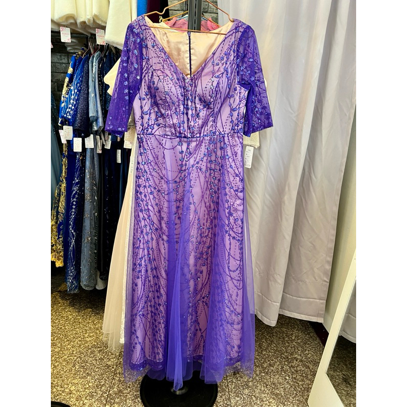 小姐新娘媽媽禮服 紫色 V領 網紗 內里燙紫色💜亮片 歐美款尺碼XL