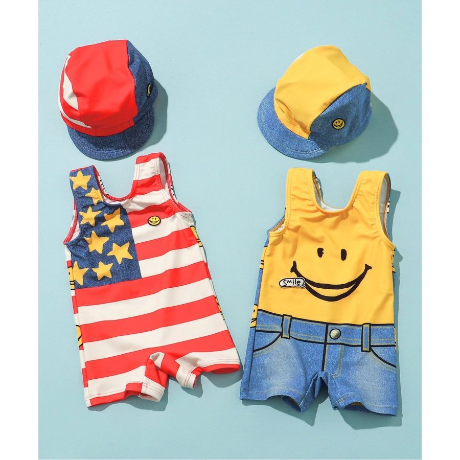 🔥New日本80cm💗ChuwaBaby💗兩件式套裝泳衣 泳帽 抗UV 英國國旗 微笑 小小兵 嬰兒泳衣 兒童泳衣 泳裝