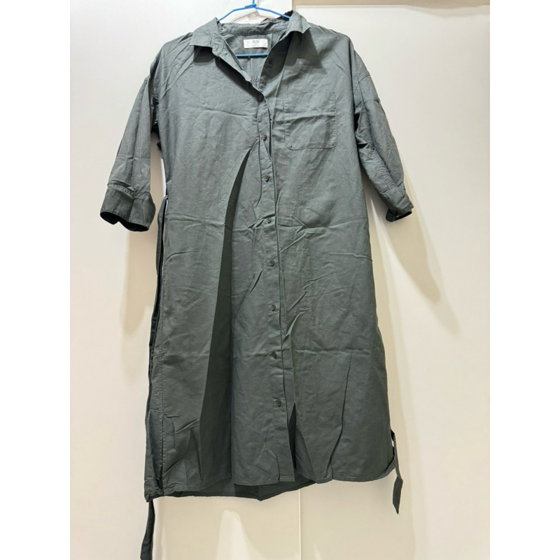 二手 Uniqlo七分袖深灰長版襯衫裙附綁帶M