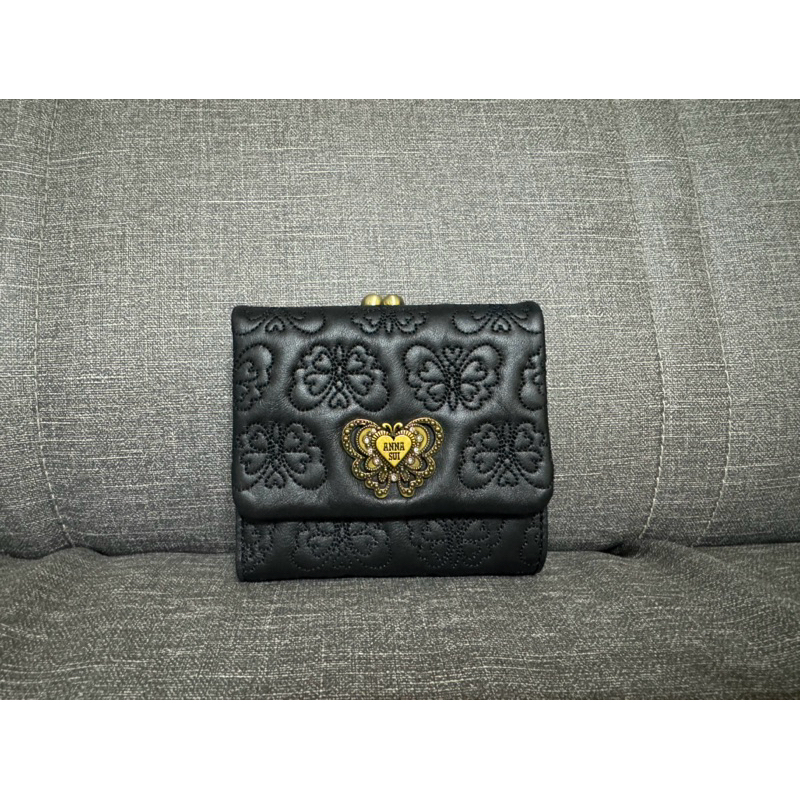 近全新 Anna Sui 短夾 刺繡蝴蝶 黑色 短夾 安娜蘇