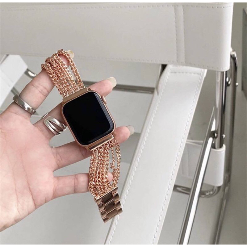 Apple Watch 7 8 小香風 甜颯 流蘇鏈 金屬 錶帶 金屬錶帶 玫瑰金 45mm適用