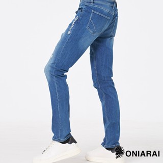BLUE WAY 鬼洗 ONIARAI - 男款 755新天絲打摺彈性中低腰丹寧小直筒褲(中藍)