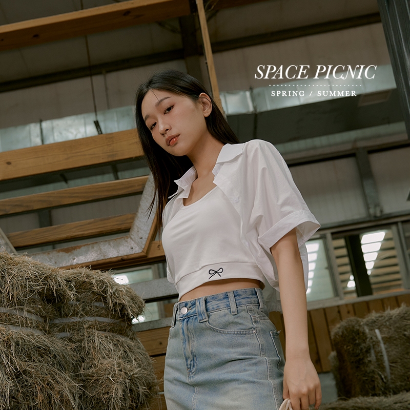 Space Picnic｜兩件式-蝴蝶結刺繡背心+短版襯衫-2色【C24043060】