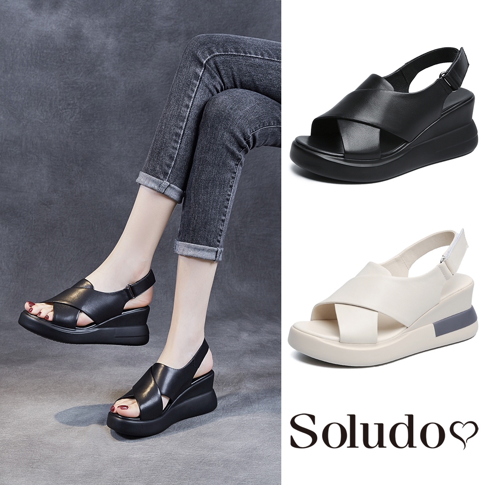 【Soludos】正韓來台-百搭厚底魚口交叉造型魔鬼沾涼鞋-增高約7公分-黑/米白-5999-1041/1042