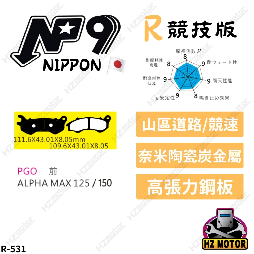 日本 NP9 煞車來令片 R-531 ALPHA MAX 125 150  前 剎車皮 煞車皮 R531 PGO