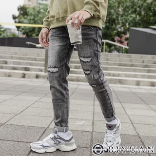 【OBIYUAN】牛仔褲 韓國 高品質 彈性 刷破 補丁 水洗 單寧 長褲【GJ6071】
