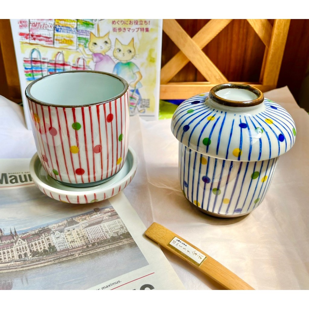 日式茶碗蒸杯蒸蛋杯蒸碗湯杯附蓋陶瓷線復古條圓點點圖案