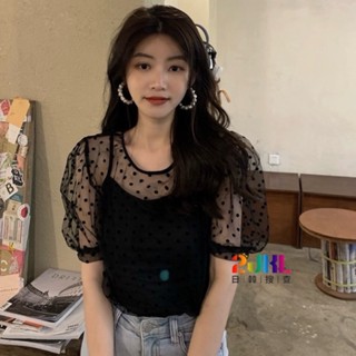 #L180052 甜美減齡波點上衣真兩件套裝 可愛點點透視泡泡袖罩衫上衣+細肩吊帶質感素面內搭背心