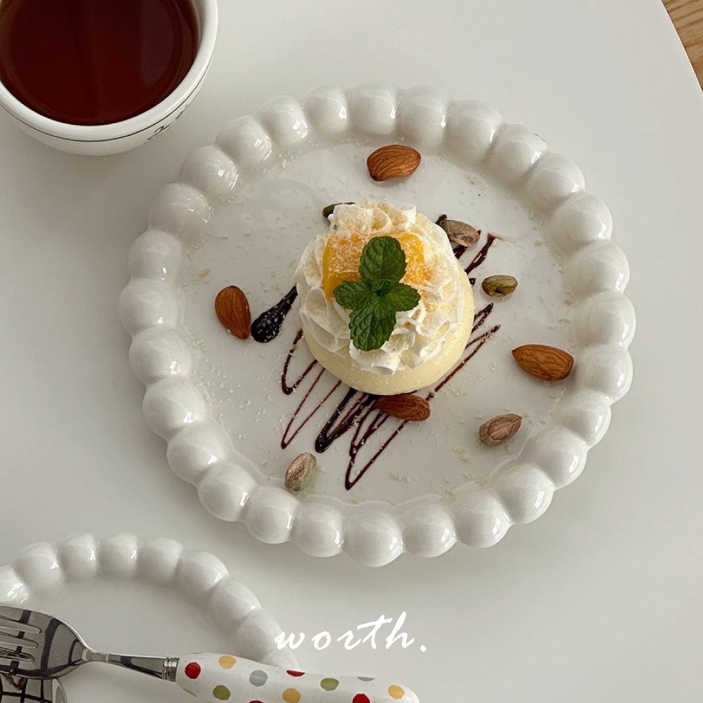 渥思【現貨】韓系圓滾滾珍珠盤 陶瓷盤 甜點盤 蛋糕盤 麵包盤 早餐盤 盤子 奶白色盤