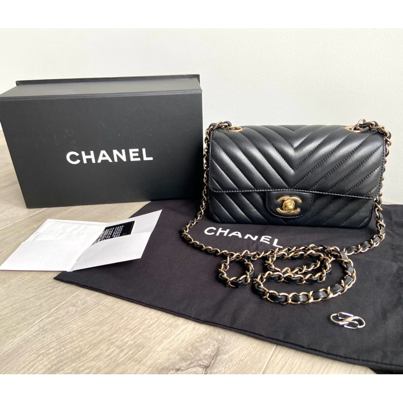 Chanel cf mini 20黑色羊皮V型紋x淡金扣