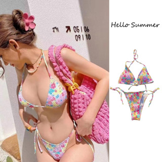 Hello Summer 現貨快速出貨 小清新碎花比基尼綁帶三角比基尼 23169