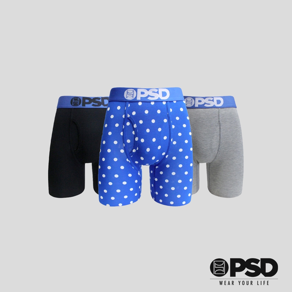 【PSD Underwear】官方直營 美國潮流 3件組- 平口褲四角褲內褲-圓點-黑藍灰 男性