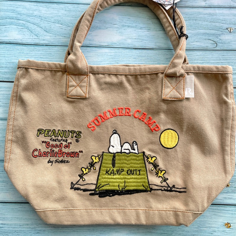 現貨！全新正版日本ROOTOTE &amp; PEANUTS聯名超可愛SNOOPY刺繡手提包/托特包(卡其色)