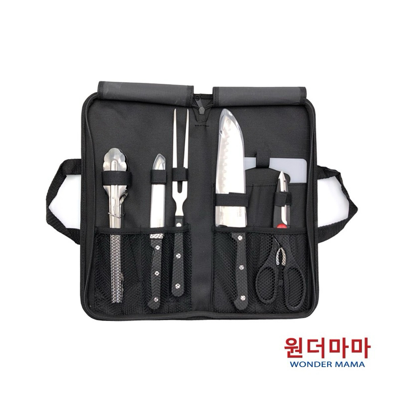 【韓國WONDERMAMA】露營刀具7件組(日式三德刀、多功能刀、廚叉、剪刀、防燙夾、砧板、提袋)
