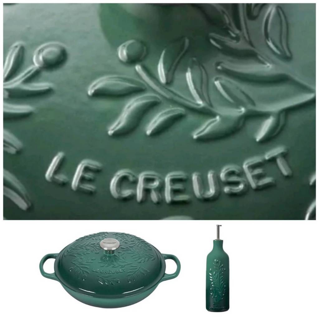 買鍋送油瓶 橄欖 LE CREUSET 30cm/淺底鍋/綠光森林/平底鍋/橄欖/雕花/橄欖枝/橄欖葉/綠/海鮮鍋/油瓶