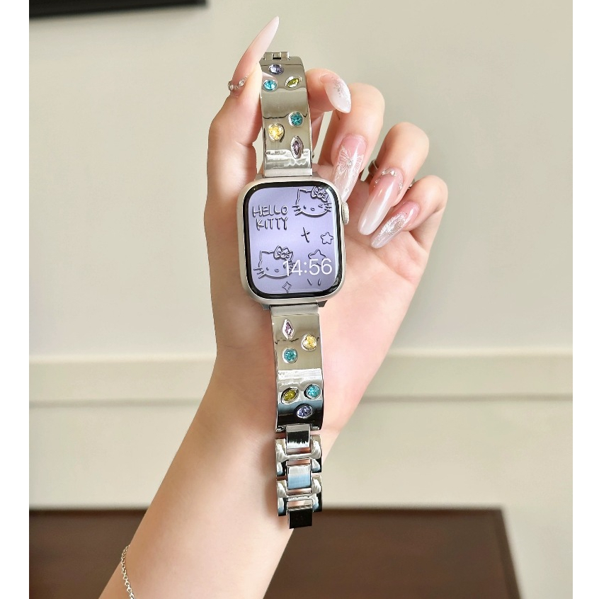 超Chic鑲嵌鑽不鏽鋼適用蘋果手錶iWatchUltra2/S9/7/8代金屬錶帶 AppleWatch男女錶帶45mm