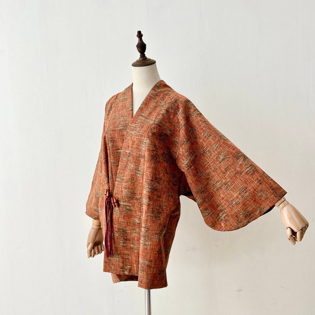 「HIME古著」•日本古著•橘色紋路織布羽織 外搭 短和服 傳統和服