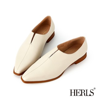 [HERLS 樣品鞋]全真皮V口拼接方頭樂福鞋-白色 39號 原價3580