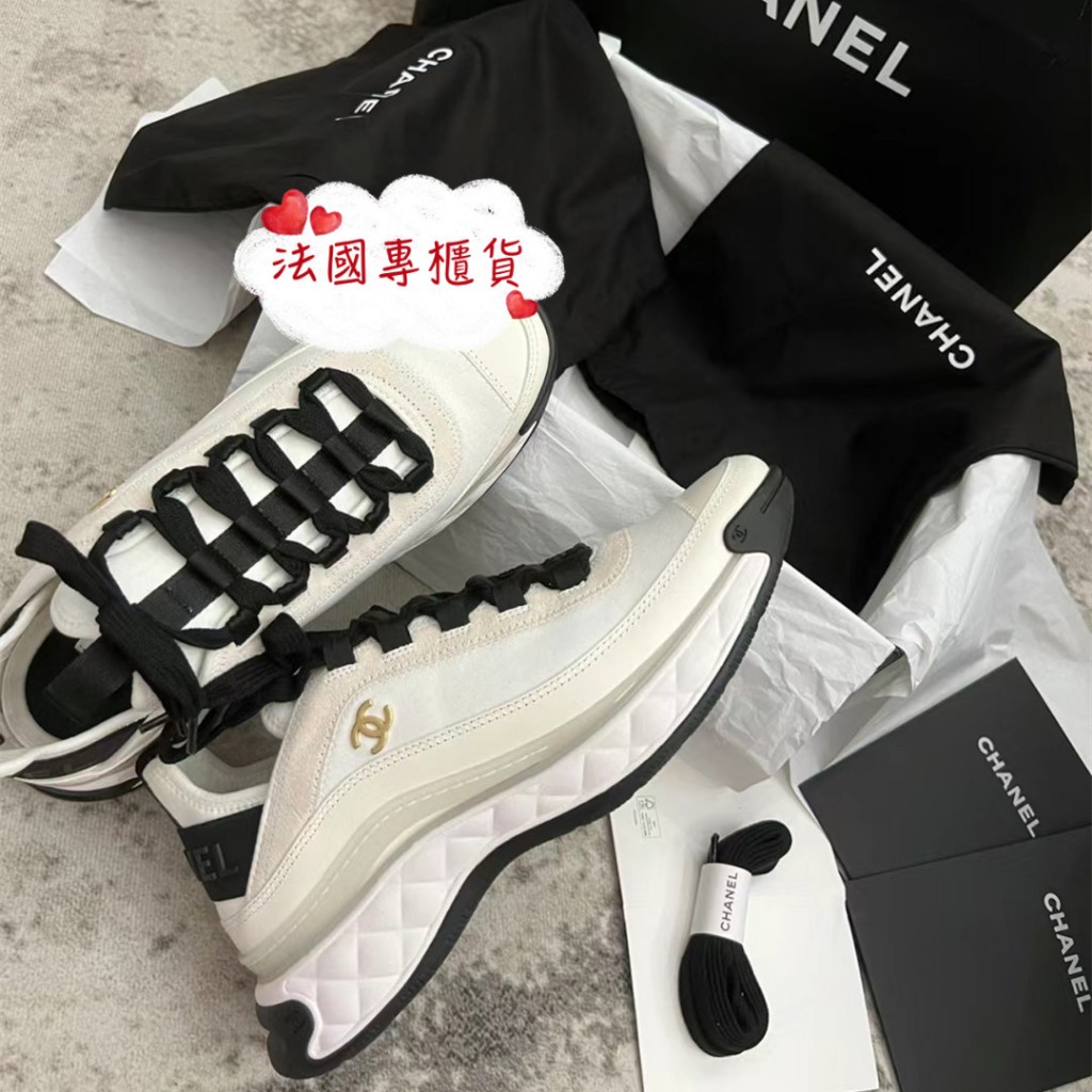 法國打折村 全新正品CHANEL 香奈兒 白色麂皮拼帆布 cc 運動鞋休閒鞋 厚底鞋 小白鞋 增高鞋小香 G35617