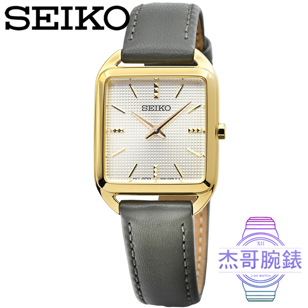 【杰哥腕錶】SEIKO精工典雅方形石英女皮帶錶-白面金框 / SWR090P1