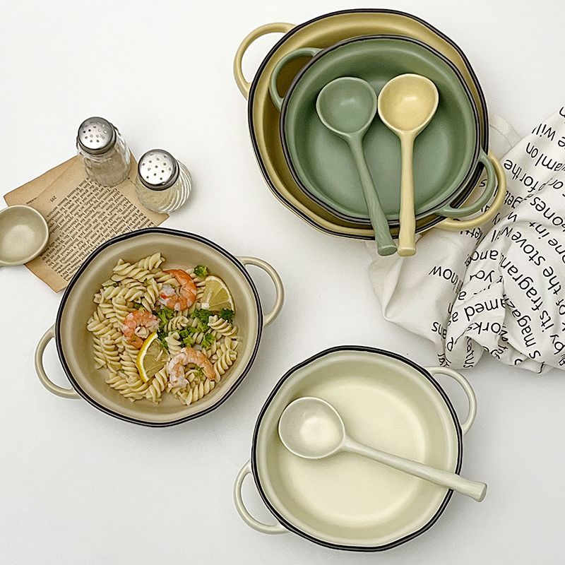 ❤川島❤ 日式陶瓷雙耳碗 雙耳碗 大號湯碗 面碗 陶瓷湯盆 沙拉碗 碗公 焗烤盤 烤碗 水果碗 雙耳烤盤 烘焙用具
