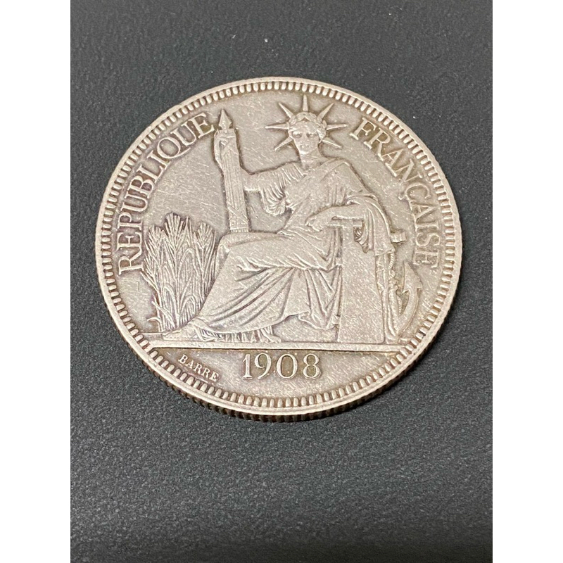 1908年法屬印度支那安南座洋壹圓1Piatre大銀幣A記貿易銀幣，漂亮AU品項，保真