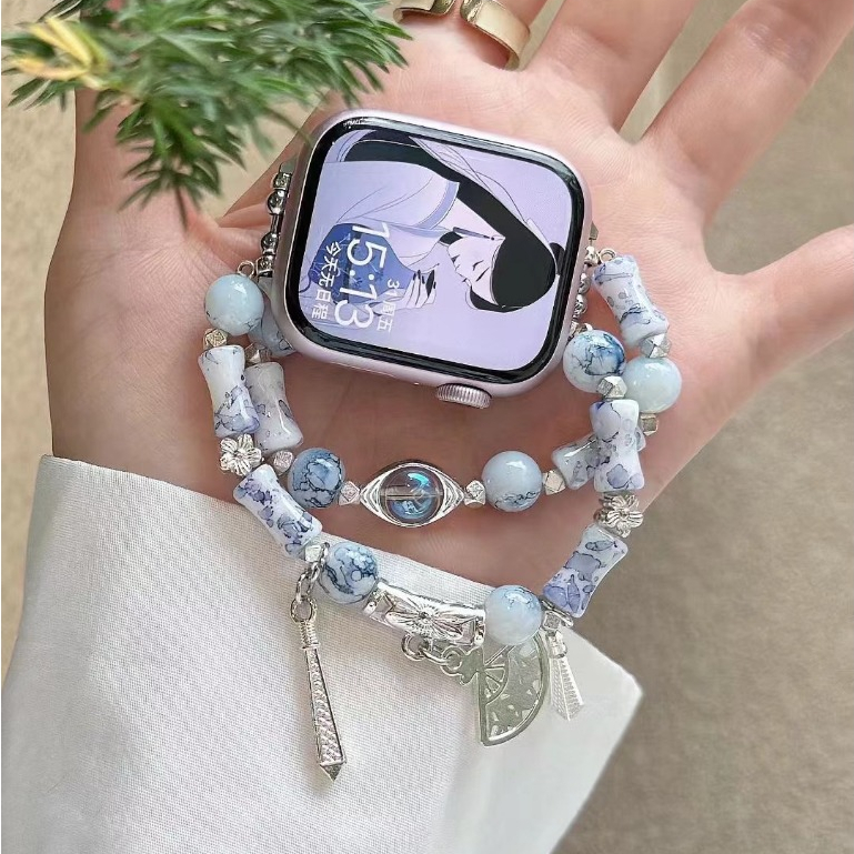 青花瓷貓眼吊墜錶帶 適用於Apple Watch s10代 s987654321 SE 女士手鏈錶帶 45mm 41mm