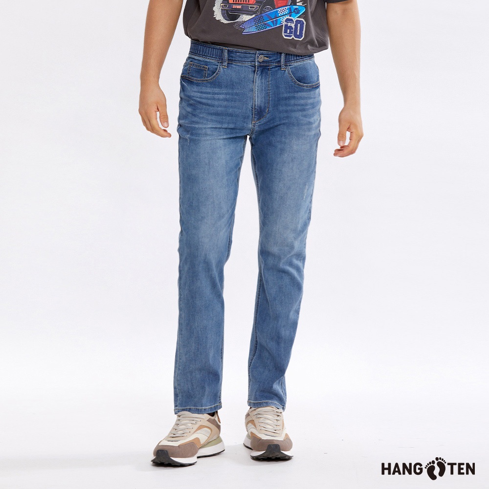 Hang Ten男裝-TAPERED FIT刷色水洗休閒錐形牛仔褲-淺藍