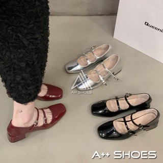 A++👞皮鞋 瑪麗珍鞋 銀色鞋 法式粗跟瑪莉珍小皮鞋 韓版女鞋 銀色漆皮一字扣帶簡約粗跟瑪麗珍鞋 蘿莉鞋 ~ 正常