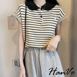 【HanVo】經典雙色條紋兔子刺繡上衣 法式翻領質感百搭 休閒日常T 韓系女裝 女生衣著 A01-0195