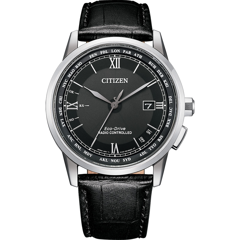 CITIZEN 星辰 光動能 電波對時 世界時區 萬年曆 真皮紳士腕錶 CB0151-19E