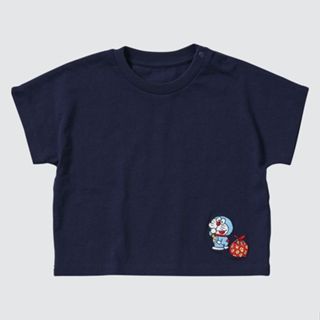 二手現貨，日本uniqlo，DORAEMON 哆啦A夢 深藍色 小叮噹刺繡，嬰幼兒 短袖上衣UT T恤 90cm
