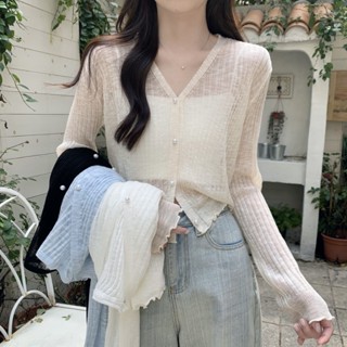【STUN】仲夏新品June 韓版冰絲Ｖ領夏日防曬薄襯衫 女生上衣 薄長袖