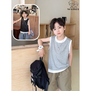 TWO KiDS 童裝240156現貨韓系百搭假兩件無袖T恤(100-150碼)男童上衣兒童上衣中大童