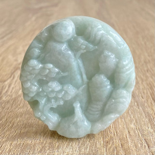 【採霏】天然緬甸玉A貨 翡翠 冰糯種藍綠色招財山水圓牌（附贈：綁繩項鍊）