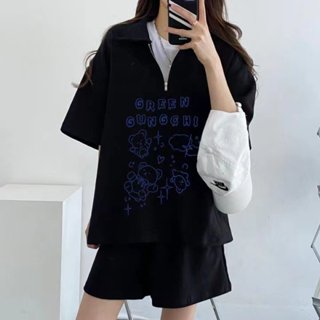 愛依依 運動套裝 短袖翻領上衣 闊腿短褲 M-2XL夏季簡約百搭印花設計感寬鬆休閒套裝MD027-27163.