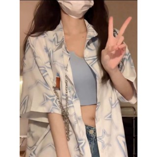 【現*貨】佰分佰/100kg內可穿/大尺碼女裝/復古/印花襯衫/夏季/韓版/寬松/設計感/別致上衣/短袖襯衣/女生上衣