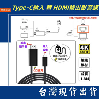 臺灣賣家 供電款 Switch可用 Type-C 轉 HDMI 輸出顯示器 影音線 充電 100W 4K USB3.1