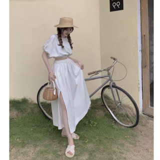 4色現貨秒出♥️【JinG】套裝*澎澎袖短版上衣+下擺開岔長裙♥️燈籠袖 公主袖 下擺鬆緊 高腰裙 長裙 傘裙 短袖上衣