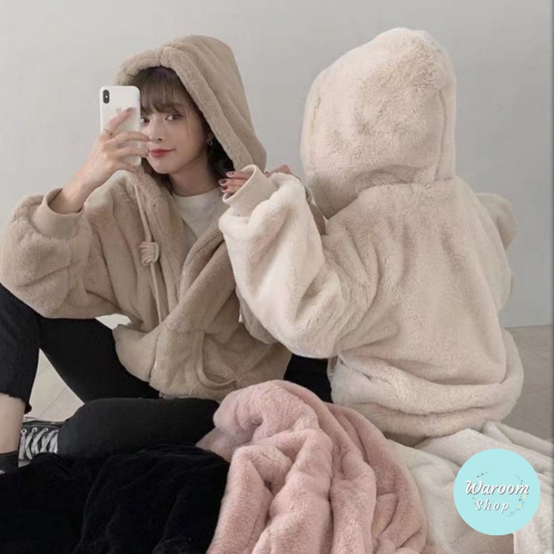 Waroom|現貨實拍 韓系熊寶寶毛絨絨連帽外套|女裝|QQ毛|兔毛外套|閨蜜裝|毛毛外套|冬天外套|仿皮草 5717