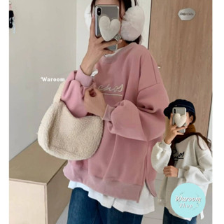 waroom|高雄現貨秒出 實拍加絨刺繡字母圓領側拉鍊大學t|女裝|寬鬆|休閒上衣|圓領上衣|刷毛|長袖上衣 6876