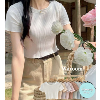 Waroom|現貨售完不補 韓系薄款短袖坑條圓領捲邊短版上衣|女裝|內搭上衣|合身|木耳邊|短袖上衣|短款 5195