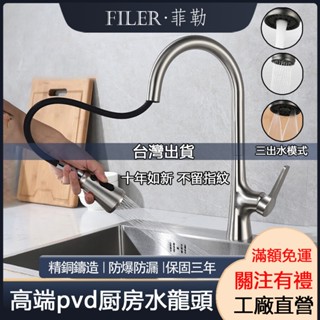 [菲勒衛浴]臺灣現貨 超高階 德國pvd封釉水龍頭 廚房水龍頭全銅抽拉式冷熱洗菜盆洗碗池水槽龍頭 不留指紋 十年如新