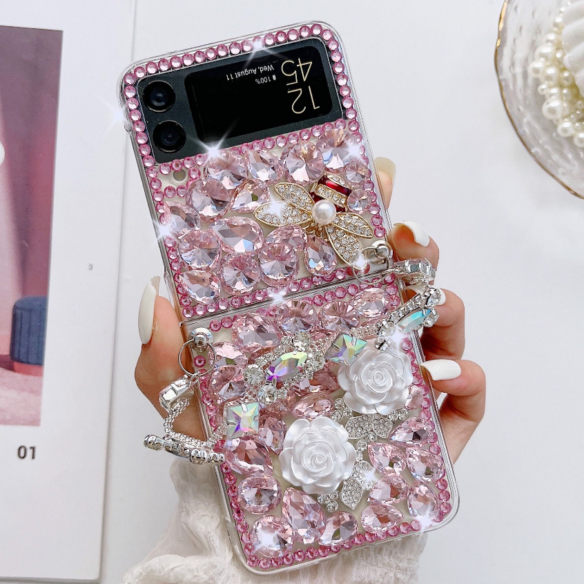 OPPO Find N2 3 Flip保護殼三星Z Flip 7 6 4 5蜜蜂水鑽Flod 7 6山茶花透明折疊手機殼
