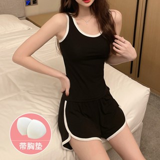 夏季莫代爾帶胸墊兩件套家居服 睡衣 睡衣女 背心短褲 運動套裝 薄款睡衣 夏季睡衣