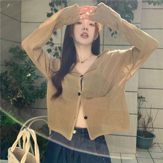 【YoRi】v領鏤空長袖針織上衣 薄款外套 防曬服 設計感小眾寬鬆短版上衣 防曬罩衫上衣 針織罩衫 夏季女裝