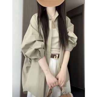 【YoRi】夏季薄款長袖襯衫女 寬鬆休閒防曬外套女 新款設計感小眾長袖綠色襯衫女 女生上衣 襯衫外套