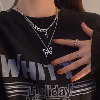 【愛麗絲飾品】《4860》韓版雙層蝴蝶十字架套裝銀色項鍊 ins嘻哈風二件鎖骨鏈